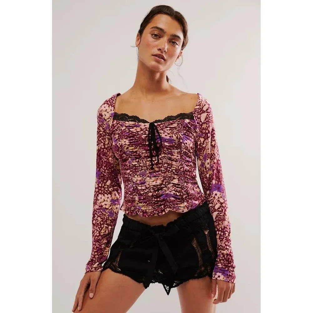 Free People Layer It On Me Long Sleeve Floral Ruched  Purple Lace Trim Large